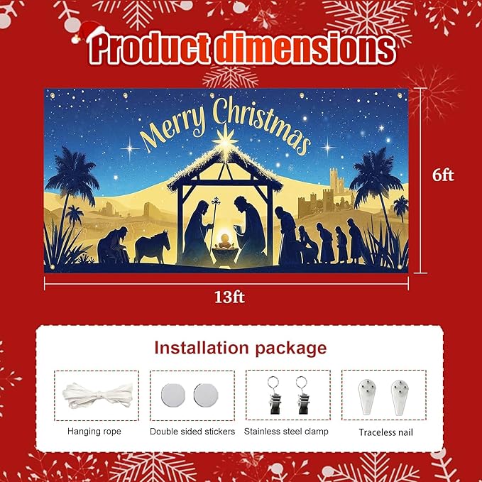 HOMETITUTE Christmas Garage Door Banner 13x6ft Holy Nativity Manger Scene Theme Backdrop Holiday Seasonal Decor Winter Door Cover Banners for Outside Garage Wall Covering for Party