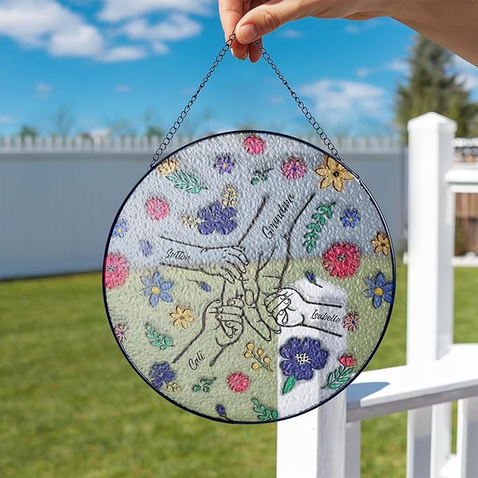 Personalized Grandma’s Stained Glass Window Hanging Ornament, Custom Holding Grandma’s Hands with Kids’ Names, Floral Art Decoration, Grandma from Grandkids