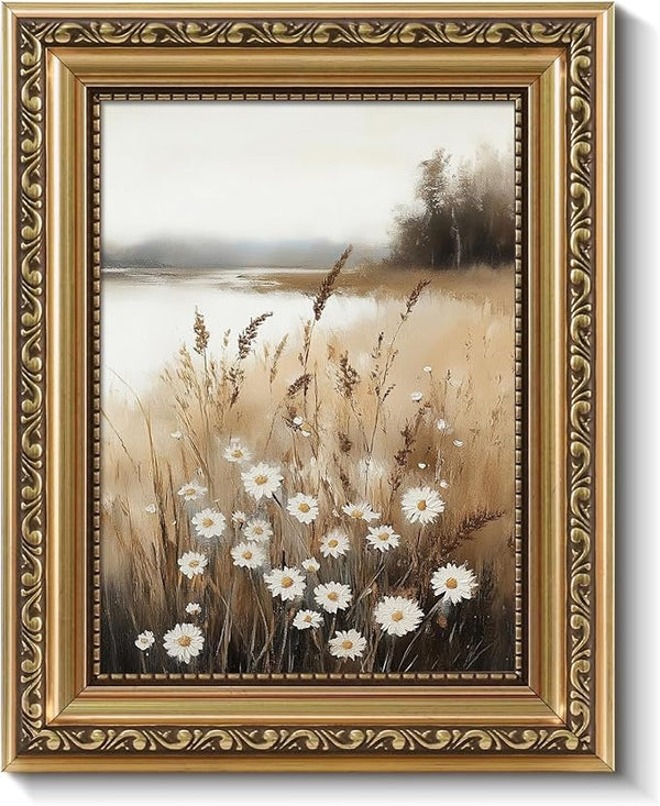 ARPEOTCY Vintage Gold Framed Wall Art, Wildflower Field Paintings, 8x10 inch Small Floral Aesthetic Canvas Picture Prints with Frame, Victorian Wall Decor for Living Room Bathroom Bedroom Shelf