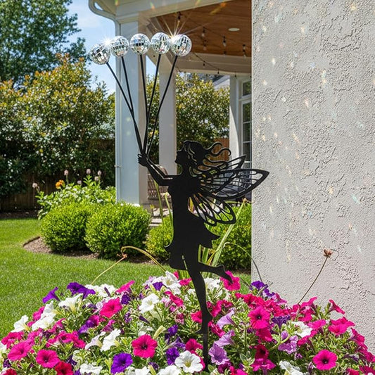 Solar Fairy Garden Stake - 5 Glowing Glass Crackle Orbs Metal Silhouette - Waterproof Outdoor Decorative Lights for Pathway, Yard, Patio - Unique Gardening Gifts for Women/Mom(Fairy)