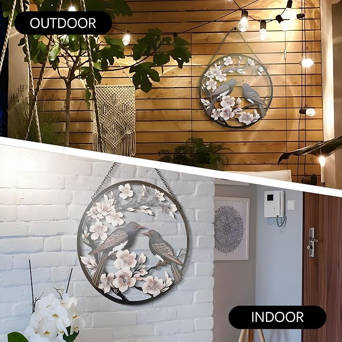 POXOHO Metal Bird Wall Art, 12" Round Wall Decor, Dark Brown, For Living Room, Bedroom, Office