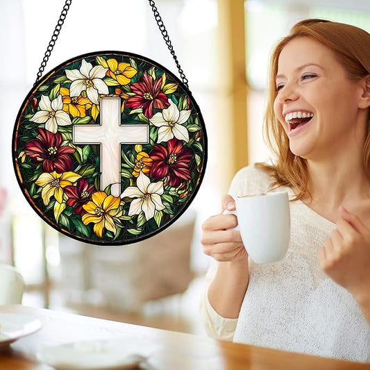 DASTOLL Stained Glass Window Hanging, Cross Flowers Sun Catchers Colorful Glass Panel Christianity Suncatcher Decor for Birthday for Women, Men, Wife, Aunt, and Mom 14.9x14.9 in