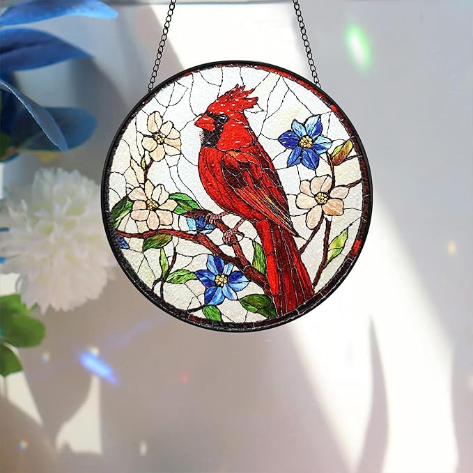 Bimkole Red Bird Stained Glass Suncatcher Window Hanging - Flowers Design for Indoor Window or Doorway Decoration - 7.87x7.87 inch with Chain and Hook - Unique Home Decor Gift