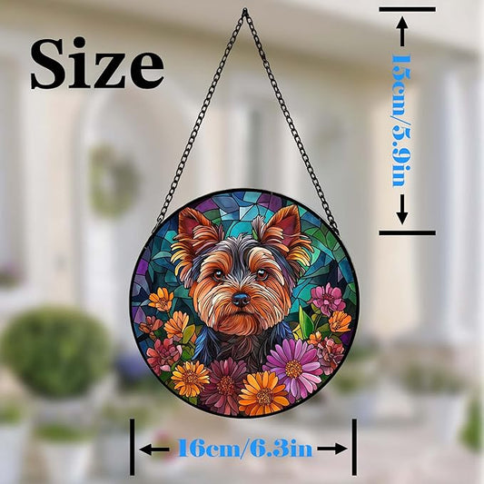 Yorkshire Terrier Stained Glass Suncatcher Dog Yorkie in Flowers Handmade Window Hangings Colored Glass Suncatcher Crafts Kits for Indoor Garden Home Decor Gift for Pet Lover Memorial (6.3in)