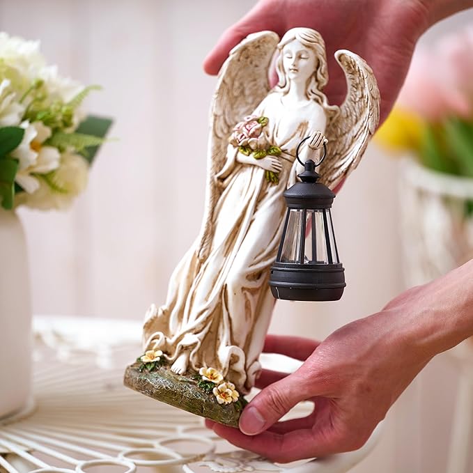 TERESA'S COLLECTIONS Angel Garden Statues with Warm Solar Light for Outdoor Decor, Resin Figurines Holding Solar Lantern for Outside, Lawn Ornament for Yard Patio Hallway, Gifts for Mom Women, 10"