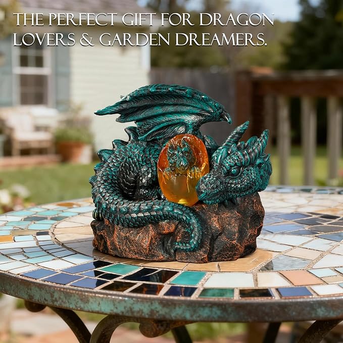Solar Dragon Garden Decor - Dragon Statue Outdoor with Egg Light - 6.8 inch Porch Decor & Lawn Ornaments, Perfect Patio Decor, Yard Decorations Outdoor