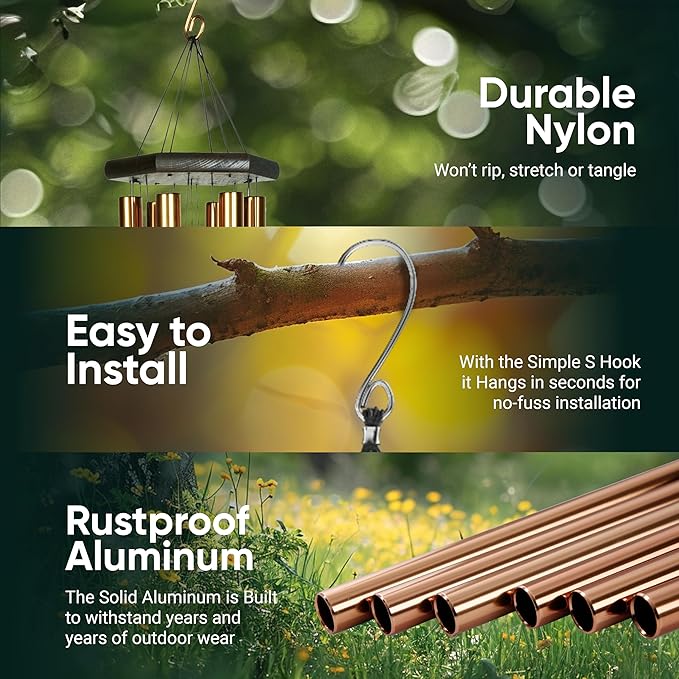 Nature’s Melody Premiere Grande Tunes Wind Chimes – Outdoor Windchime with 6 Tubes Tuned to E Pentatonic Scale, Rustproof Aluminum, Beech Wood & S Hook Hanger (Bronze, 24")