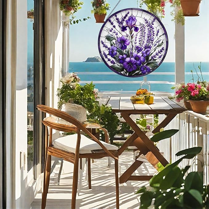 Lavender Flower Suncatchers Stained Glass Window Hanging, Flower Sun Catchers Indoor Window Glass Round Wall Decor, Christmas, Mother's Day, Birthday Gifts for Mom Grandma Women Wife Lovers