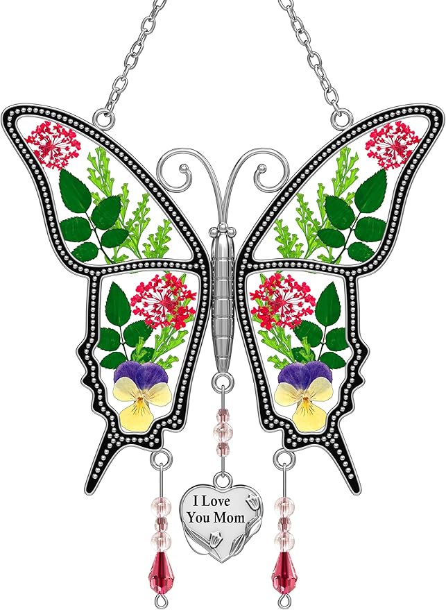 KY&BOSAM Butterfly Suncatcher I Love You Mom Stained Glass for Windows Hangings Wind Chimes with Pressed Flower and Metal Heart Charm for Mom Birthday Valentines Day Decor