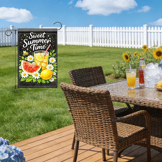 Nuxovilar Summer Garden Flag Sweet Summer Time Lemon Drink Watermelon Pattern Polyester 12x18 Inches Garden Flags for Outside Floral Decor Yard Porch Lawn