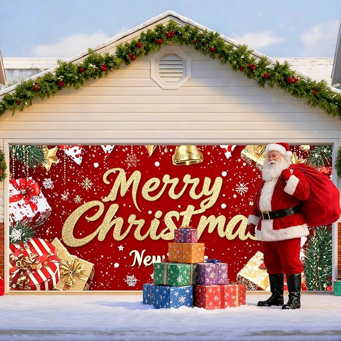 IVN Christmas Garage Door Cover Decoration 13x6ft Red Glitter Wrapped Gifts Golden Bells Snowflakes Merry Christmas Winter Garage Door Banner Home Door Front Yard Decor for Xmas Eve Holiday Outdoor