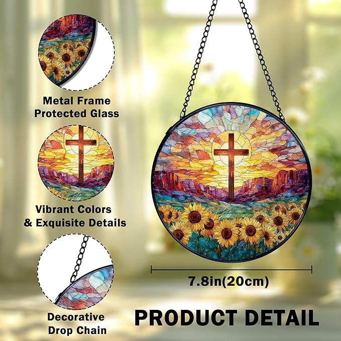 Christian Gifts for Women, Easter Christian Cross Sunflower Suncatcher Stained Glass Window Hanging, Cross Flower Sun Catchers Indoor Window Glass Wall Art Decor, 7.9x7.9 Inch