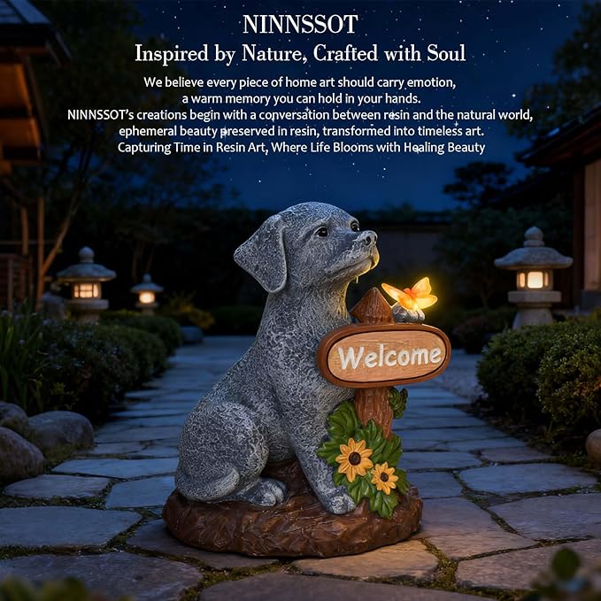 Dog Statue with Solar Butterfly Light, Decor Outdoor Yard Decoration, Statue for Home Garden Patio Balcony Lawn Ornaments, Birthday Dog Lovers Gifts for Women, Mom, Grandma