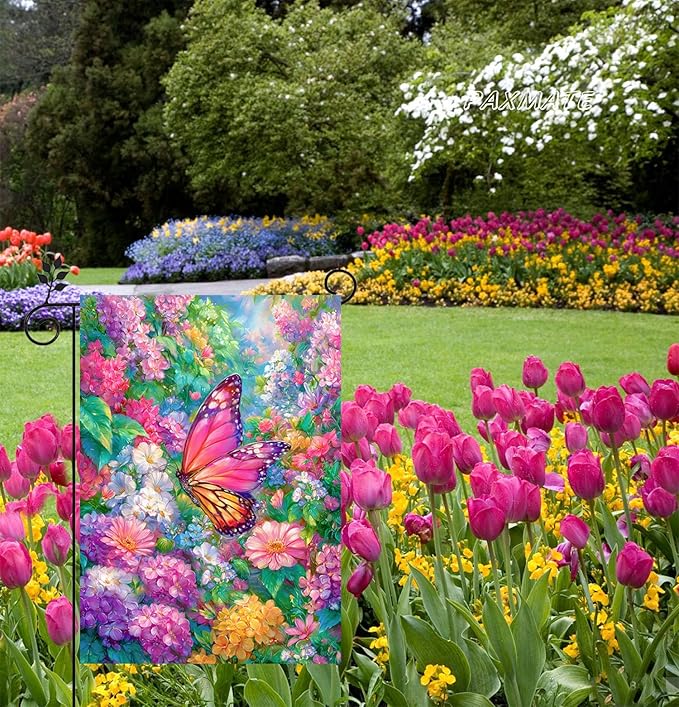 Spring Garden Flag for Outside 12x18 Inch Double Sided, Butterfly Flowers Small Yard Outdoor Flags for Seasonal Spring Summer Farmhouse Holiday Decoration