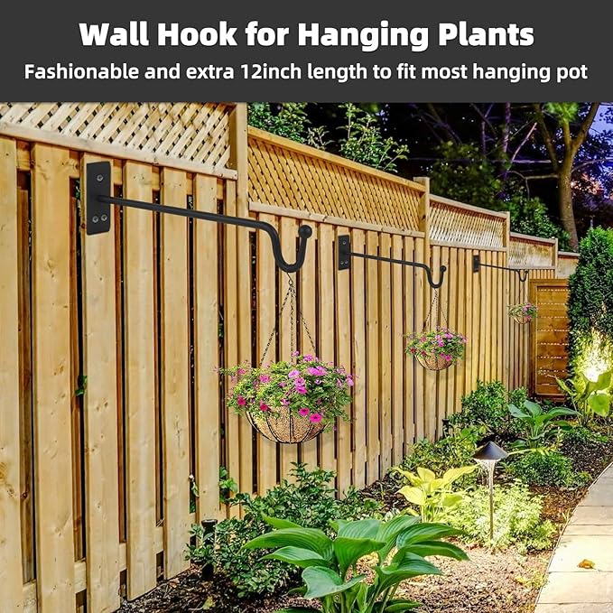 Hanging Plant Bracket (2 Pack-12 inches), Heavy Duty Metal Plant Hangers Outdoor or Indoor- Wall Plant Hooks for Hanging Planter,Bird Feeders, Wind Chimes, Flower Pot,Basket,Lanterns-Matte Black