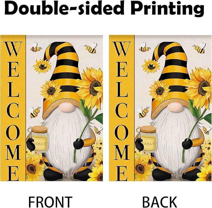 Welcome Spring Summer Garden Flag Sunflower Gnome Floral Bee Flag, 12 x 18 Inch Vertical Double Sided Burlap Banner for Outdoor Seasonal Decoration