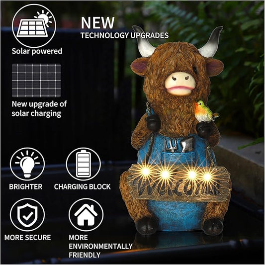 V-Ladybug Solar Garden Statues -Highland Cow Outdoor Handmade Resin Statue with LED Light, and Welcome Holder for Patio, Yard, Gift Ideas