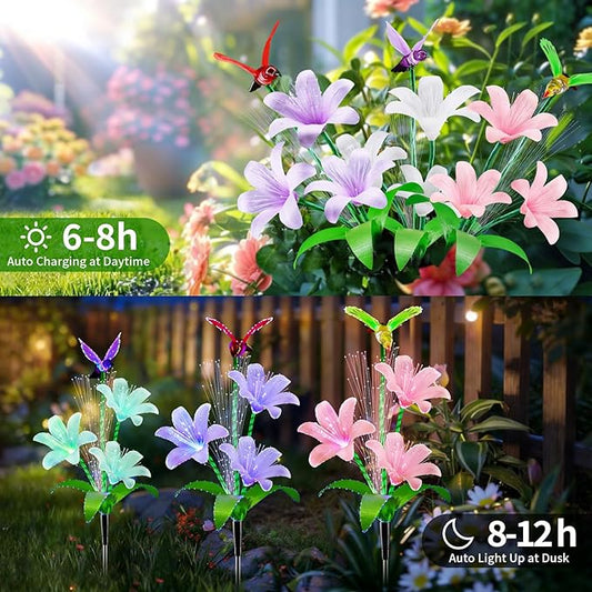 Solar Lights Outdoor Decorative, Upgraded 3 Pack Flowers with 7 Color Changing Lilies and 3 Hummingbird, Brighter Waterproof Garden Decor for Yard Lawn Pathway, Mom Women Grandma