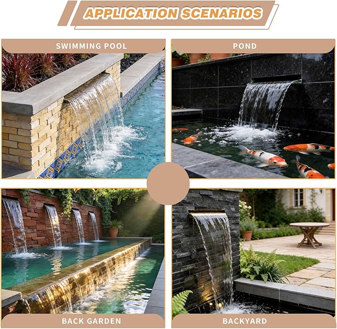 Curved-Mouth Waterfall Pool Fountain, Stainless Steel Waterfall Spillway with Pipe Connector Kits for Outdoor Decorative, 11.8 Inches Pool Water Feature for Garden Patio, Backyard Koi Pond Decor
