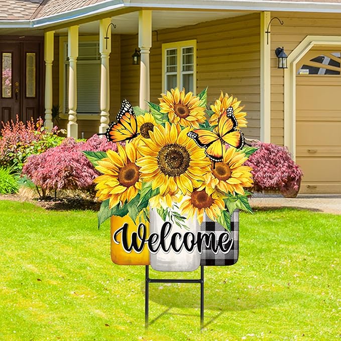 JarThenaAMCS Summer Sunflower Metal Garden Stakes Flower Welcome Yard Sign Watercolor Floral Vase Decorative Lawn Sign for Home Outside Lawn Porch Decor