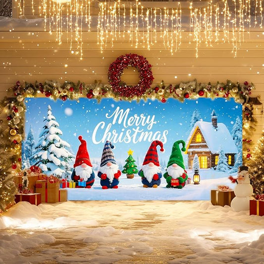 IVN Christmas Garage Door Cover Decoration 13x6ft Gnomes with Snowy Cottage and Pine Trees Merry Christmas Garage Door Banner Home Door Front Yard Decor for Xmas Eve Holiday Outdoor