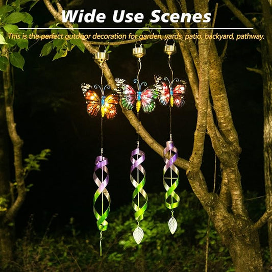 Asense 3 Pcs Hanging Butterfly Wind Spinners with Light Home Garden Decor, Patio Yard Backyard Outdoor Art Outside Decorations Metal Wind Chimes Gifts for Lawn Hanging Pinwheels Crafts Ornaments