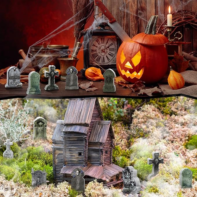 Kathfly 9 Pieces Miniature Tombstones Mini Village Tombstones Figurines Miniature Spooky Town for DIY Crafts Outdoor Home Garden Halloween Decor