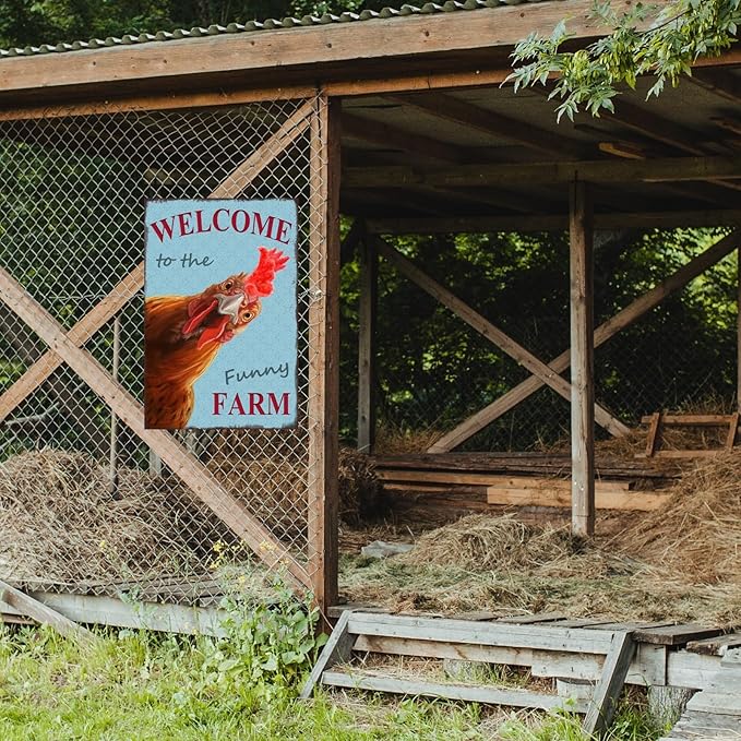 Funny Chicken Sign, Metal Chicken Coop Tin Signs, Welcome to the funny farm, Yard Sign Garage Farm Garden Wall Decor Sign Plaque Outdoor for Home Fence 8 X 12 Inches