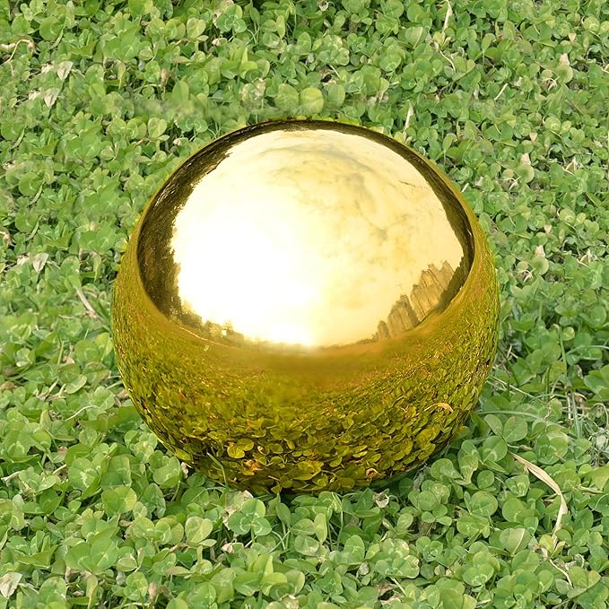 Nerien 6 Inch Gazing Ball, Stainless Steel Garden Mirror Globe, Polished Ornament Sphere, Hollow Floating Reflective Hemisphere, Home Outdoor Pond Housewarming Swimming Pool Decoration Gifts, Gold