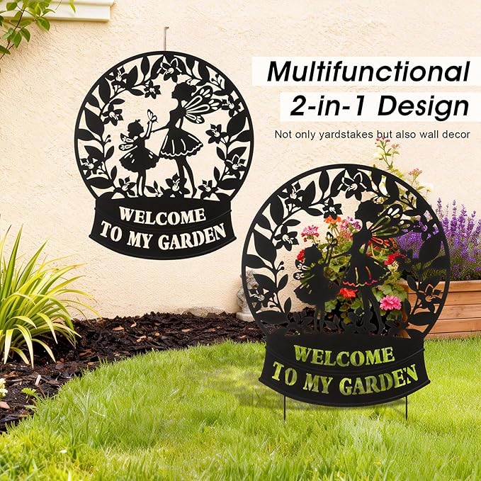 Glitzhome Flower Fairy Decorative Garden Stakes, 30" H Black Metal Silhouette with Welcome to My Garden Banner, Iron Garden Yard Art Decor for Lawn or Wall Decor