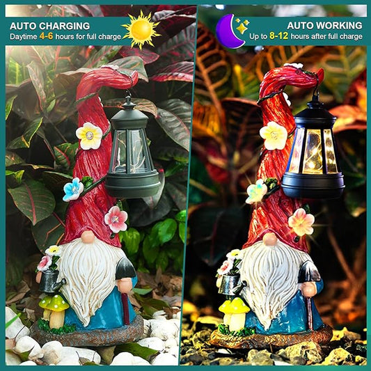 ZQQLITE Solar Gnome Garden Statue Lights Gnome Figurine with Solar Lantern, Outdoor Garden Waterproof Ornaments Decorations for Yard Lawn Patio – Ideal Gift for Women Mom Grandma