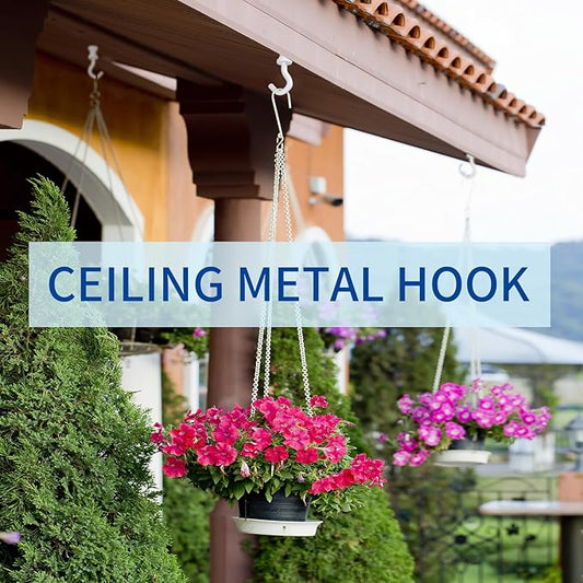 4 Pack White Ceiling Hooks for Hanging Plants, Swag Plant Hooks for Ceiling Heavy Duty, Indoor Outdoor, Metal Hangers for Hanging Baskets, Wind Chimes, Bird Feeders, Lights, Wall Decoration