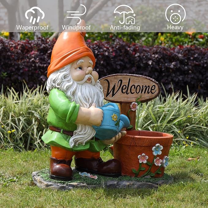 Gnome Garden Statue Planter with Welcome Sign, Waterproof Outdoor Resin Flower Pot, Yard Lawn Patio Decor, Front Porch Ornament Housewarming Gift(Orange Hat Gnome)