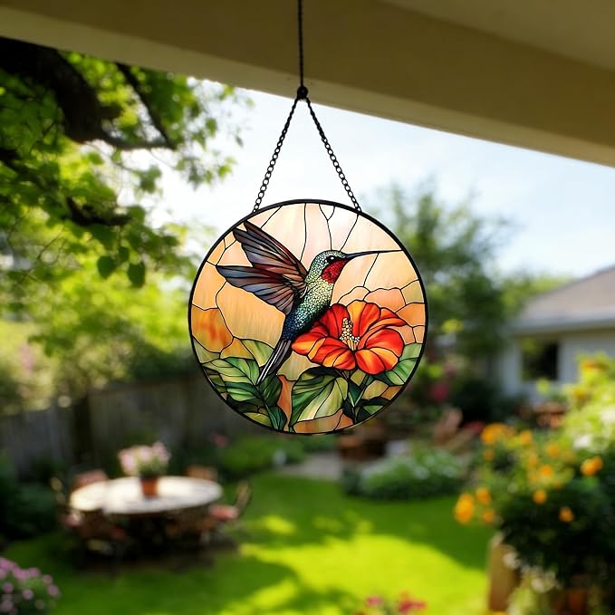 9.8In Hummingbird Stained Glass Window Hanging, Large Stained Glass Suncatcher for Indoor Home Decor, Vibrant Bird & Flower Window Suncatcher Ornament for Garden, Ideal Gift for Women Mom Bird Lovers