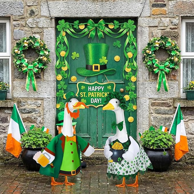 Abbylike 2 Sets St Patrick's Day Porch Goose Outfit Lucky Leprechaun Shamrock Goose Clothes Costume with Mini Black Candy Cauldron Clover for 23" Statue Saint Patty's Day Outdoor Patio Yard Lawn Decor