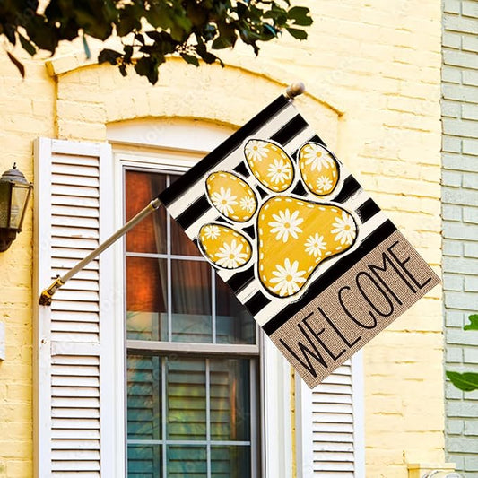 AVOIN colorlife Yellow Paw Print Spring House Flag 28x40 Inch Double Sided Outside, Daisy Floral Welcome Stripes Yard Outdoor Flag