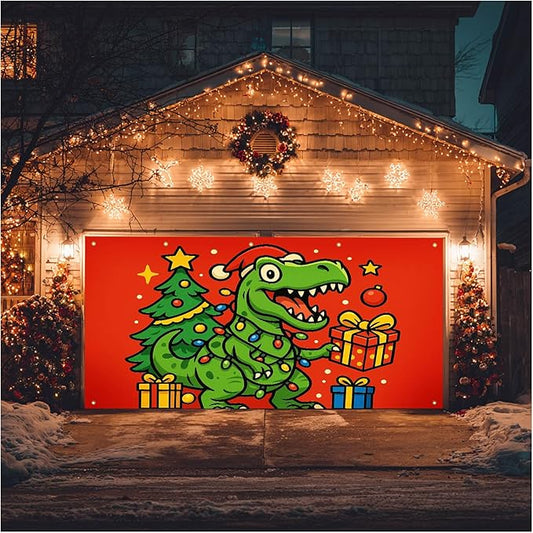 HOMETITUTE Christmas Garage Door Banner 13x6ft Dinosaur T-Rex Theme Backdrop Seasonal Christmas Decor Winter Door Cover Banners for Outside Garage Wall Covering for Party Garage Decorations