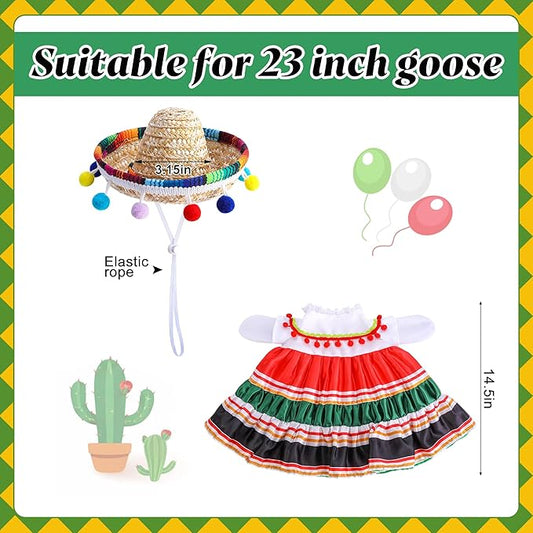Watayo 2 Pcs/Set Mexican Porch Goose Outfits, Lawn Goose Clothing Costume for Cinco De Mayo, Garden Goose Clothes Striped Dress Mexican Sombrero for 23" High Statue Outdoor Patio Yard Decor (A Style)
