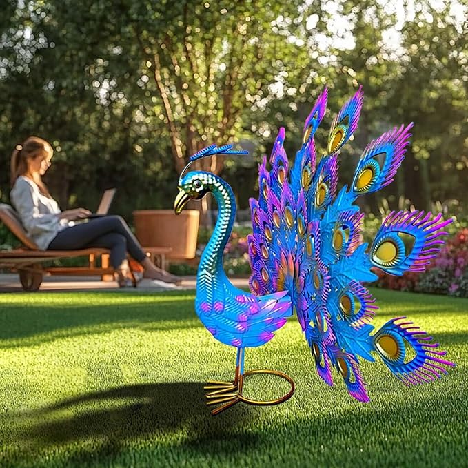 Vintage Wrought Iron Peacock Garden Statue - Weather- Metal Art for Yard,Porch or Patio,Hand-Painted Rustic Outdoor Decoration