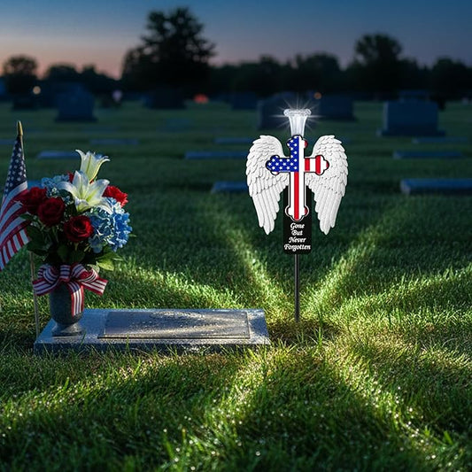 Solar Memorial Cross with Angel Wings - Patriotic American Flag Cemetery Decorations - Waterproof LED Grave Marker, Veterans Day & Father's Day Sympathy Gift for Loss of Loved One(Angel Wings)