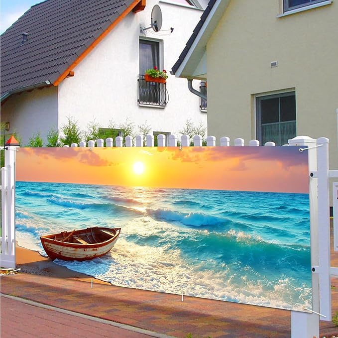 13x6 ft Peaceful Lake Rowboat Garage Door Banner - Scenic Mountain Lake Sunset Backdrop, Hanging Garage Decor - for Thanksgiving Fall Outdoor Background Sign, Rustic Cabin Wall Art Decor