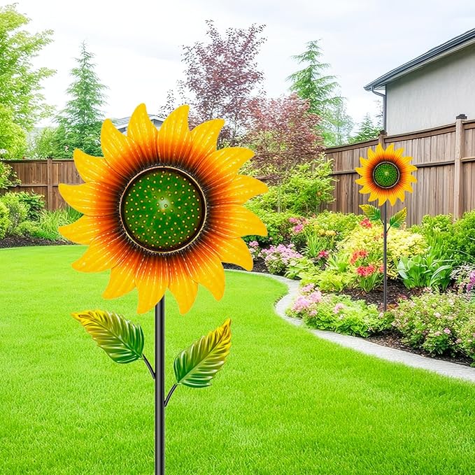 Sunflower Wind Spinners Outdoor, 46.7" H x 12.6" W Metal Wind Sculptures & Spinners with 5 Prong Stake, Garden Windmill for Yard Lawn Patio Art Decor Yellow