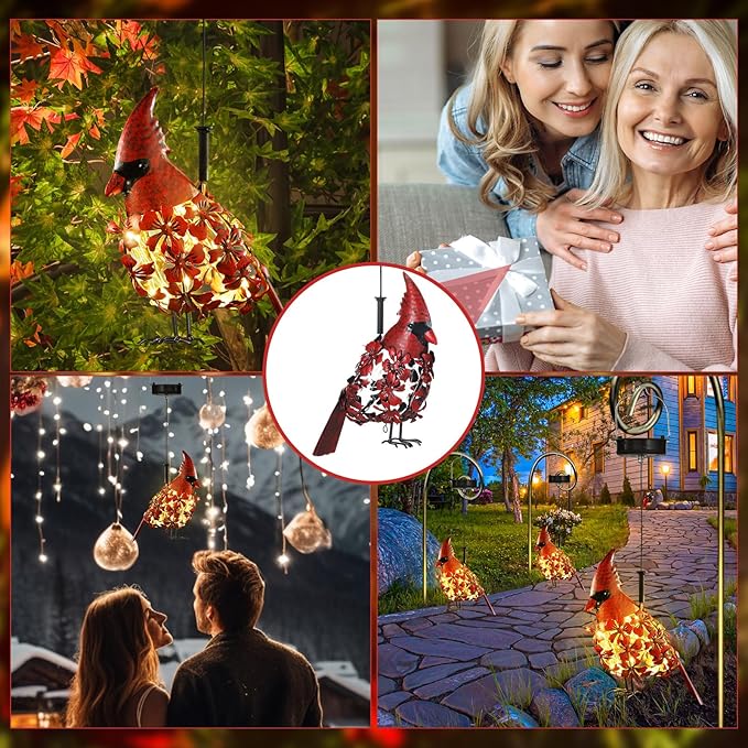 Glooglitter Cardinal Solar Lights Hanging Decoration Garden Outdoor Decor Metal Gifts Waterproof for Yard Front Porch Lawn Driveway Patio Backyard Pathway Gardening Lanterns Gift