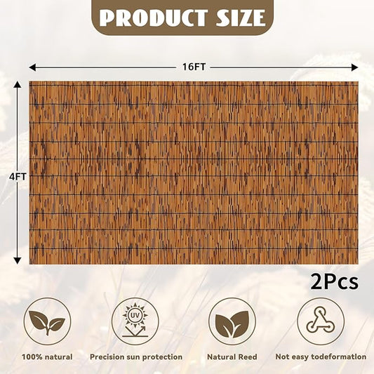 KOIUEYW Bamboo Reed Fencing, Light Russet Bamboo Fence Rolls 4 Feet High, Decorative Reed Screen Privacy Curtains for Patio Balcony Garden Backyard Outdoor, 4 x 16 FT (2 Pcs)