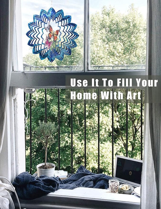 Wind Spinners Butterfly Hanging Outdoor, 12In Stainless Steel Spinfinity Wind Spinner, Blue Wind Chimes for Outside, 3D Kinetic Sculpture Suncatcher, Metal Yard Ornaments, Butterfly Garden Spinners