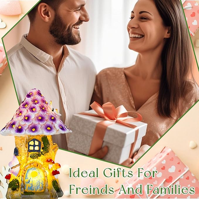 Fairy Garden House Outdoor Figurine Lights, Fairy Houses for Outside, Garden Statues Mushroom House, for Patio, Yard, Balcony Decoration, Outdoor Decorations Yard and Birthday Gifts for Mom Women
