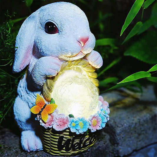 Solar Garden Outdoor Statues Rabbit with Flower Basket, Ideal Gift for Mom, Daddy, Cute Bunny Statue Decor for Lawn, Patio, Yard(White Rabbit)