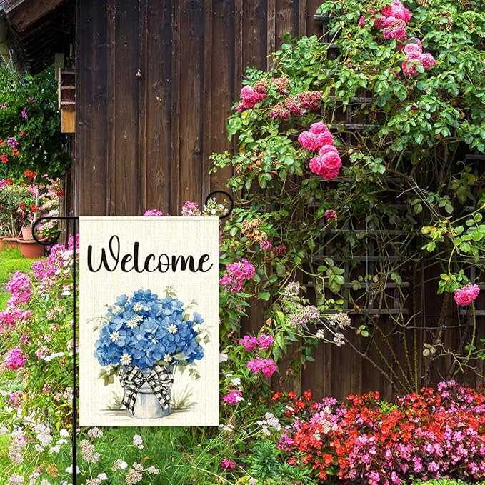 Blue Hydrangeas Spring Garden Flags for Outside,Welcome Spring Yard Flag for Porch Lawn Outside Decor 12x18 Inch Double Sided