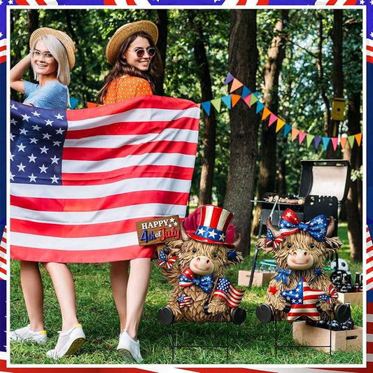 Amyhill 2 Pcs 4th of July Metal Outdoor Decor Garden Stakes Patriotic Highland Cow Welcome Yard Signs Decorations Red White Blue Garden Stakes for Independence Memorial Day Patio Lawn Walkway Outside