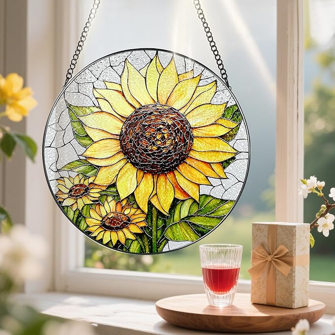 8-Inch Stained Glass Ornament, Stained Glass Window Hanging, Sunflower Ornament, Window Hanging Decor Suncatcher | Mother's Day, Christmas, Birthday, Gifts for Sunflower Plant Lovers